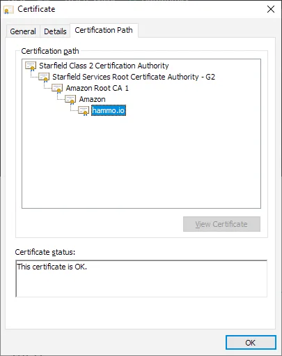 A certification chain prompt in Microsoft Windows.