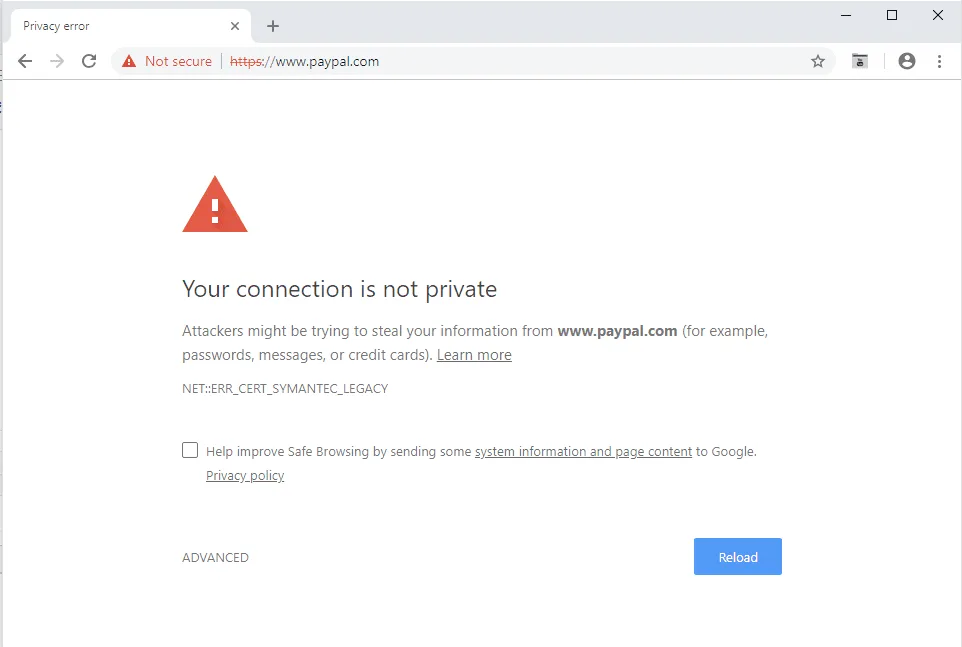 An error in Google Chrome indicating that a certificate from Symantec is no longer trusted.